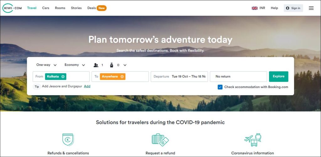Kiwi.com app for flight booking