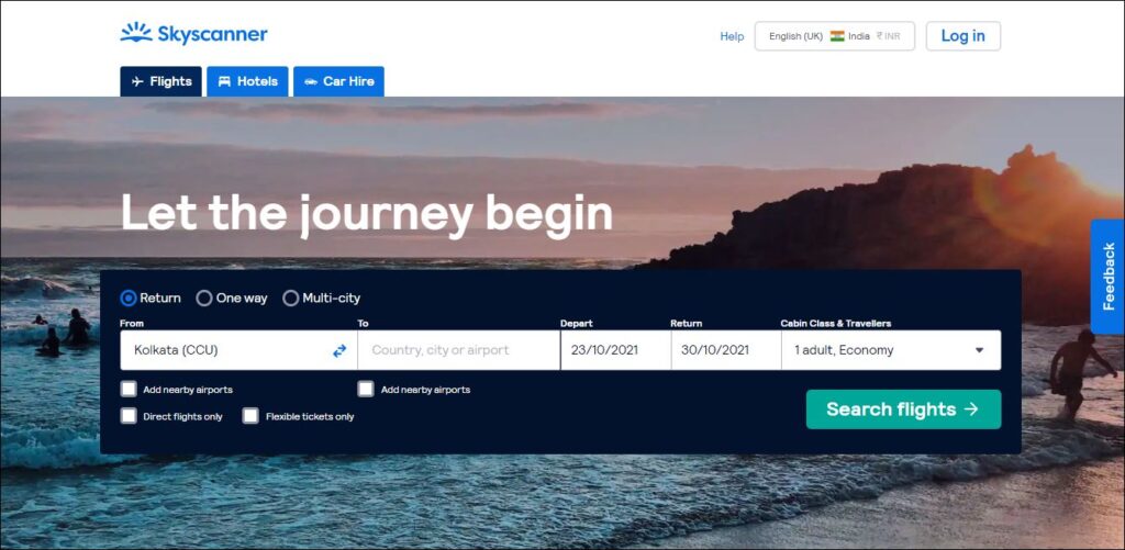 Skyscanner site for ticket booking